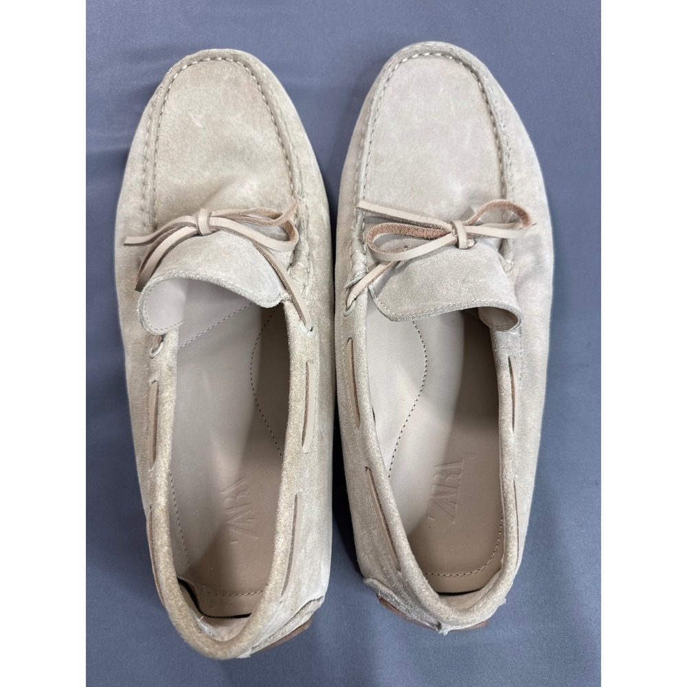Zara Mens Suede Driving Loafers Sand Beige Leather Tie Slip On Shoes 42 - Picture 13 of 15